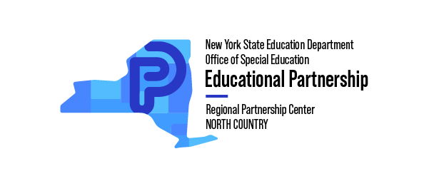blue new york state with the letter P and text on right side: New York State Education Department Office of Special Education Educational Partnership Regional Partnership Center North Country