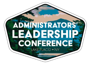 logo for administrators' leadership conference, background has a lake, trees, mountain, with skies. Text also says lake placid NY