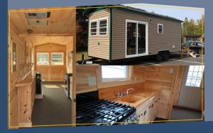 fehb tiny house for sale auction page, a trades build projects students created to sell. it is a small brown exterior with light brown wooden interior, appears to have a gas oven, a sink, really good amount of sunlight in the room as well as a small deck