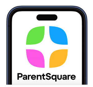 parentsquares new logo, phone screen with parentsquare worded in black with four coloured objects forming a square, purple, blue, yellow and green