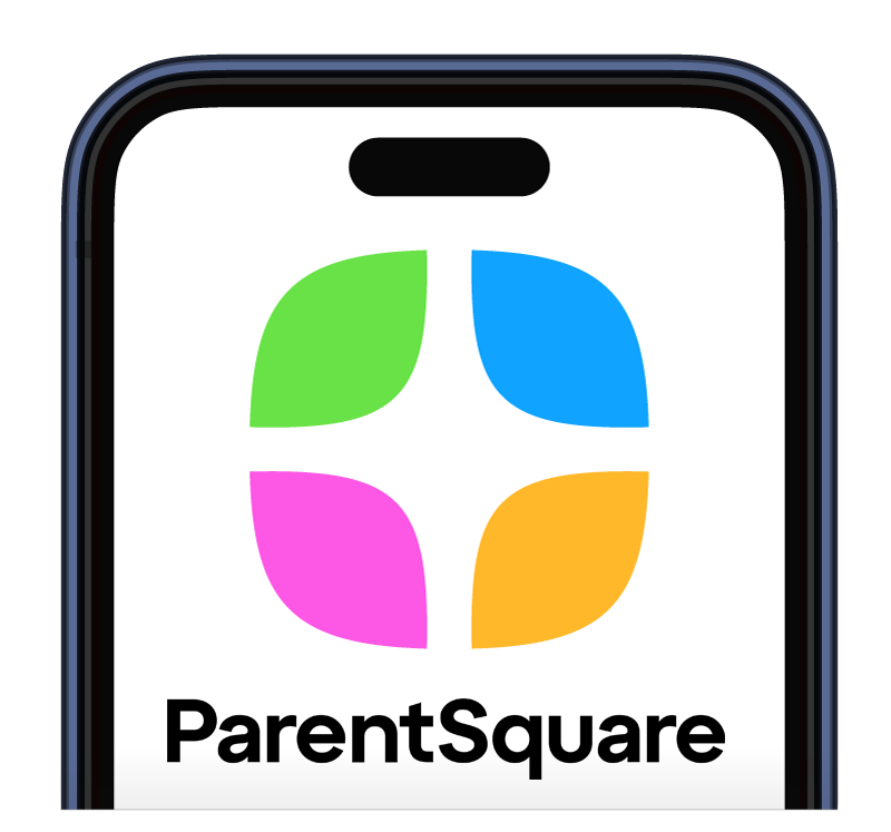 parentsquares new logo, phone screen with parentsquare worded in black with four coloured objects forming a square, purple, blue, yellow and green