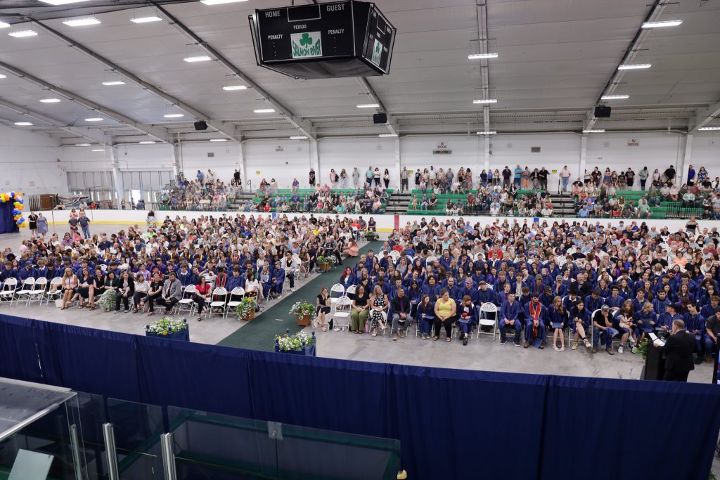 Wide view of the NFEC graduation in the Salmon River CSD ice arena